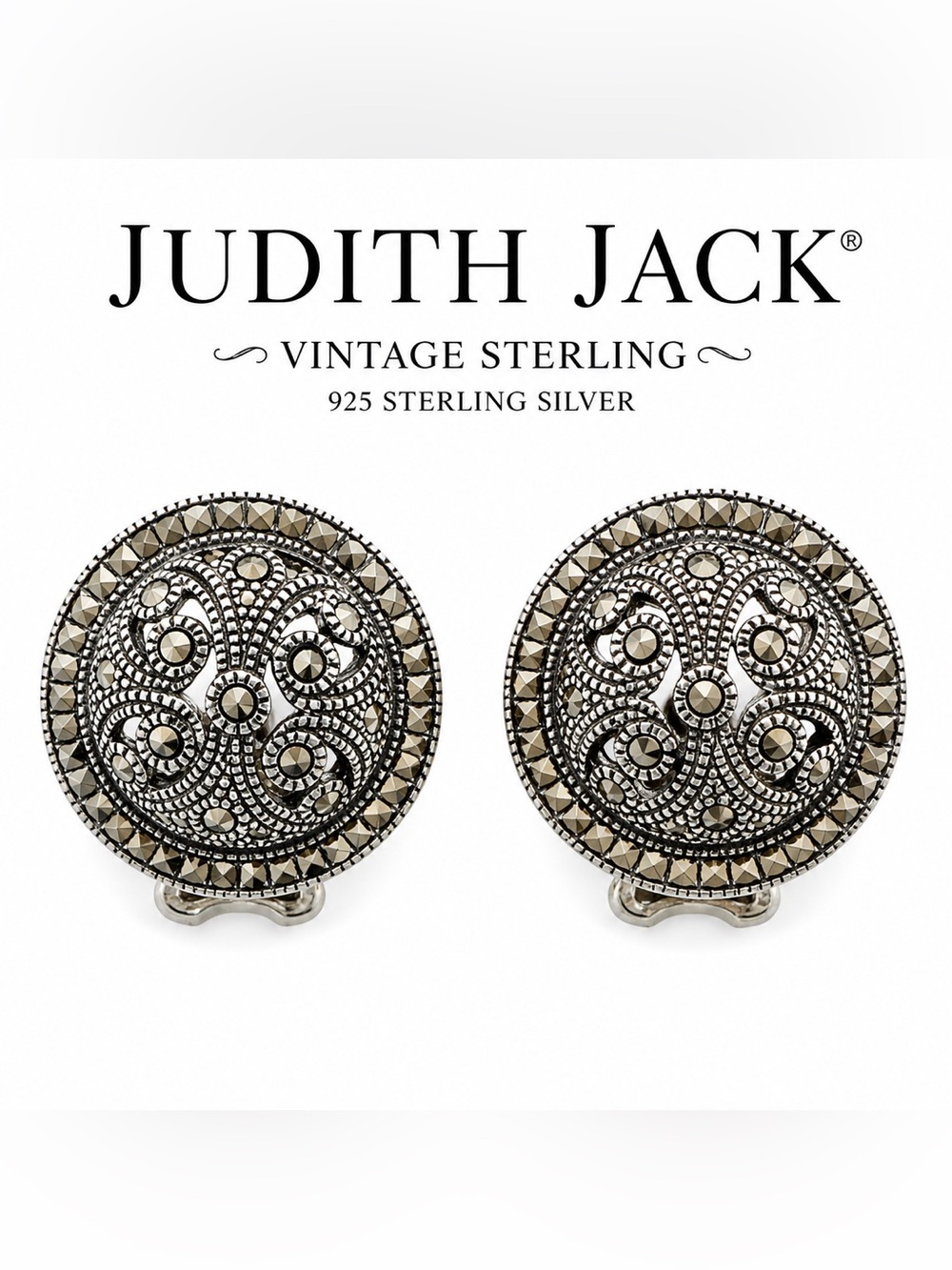 Judith Jack Sterling Marcasite Filigree Round Clip Earrings